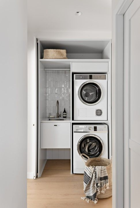 Modern small laundry renovation with space-saving storage Perth